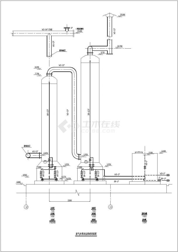 典型废气洗涤系统流程及配管整套cad设计施工图（标注详细）-图二