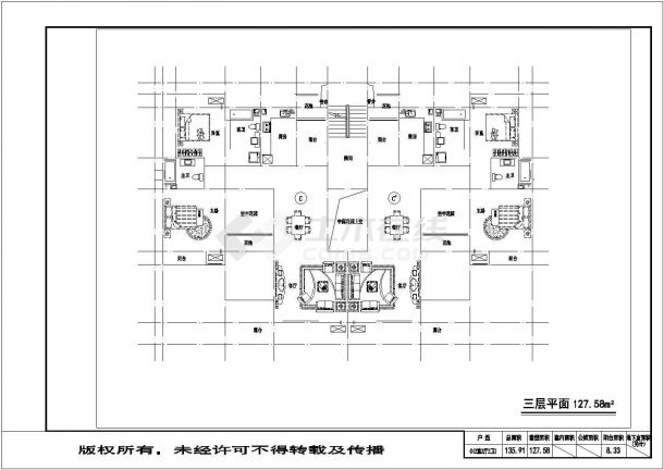 昆明市某小区630平米5层住宅楼平面设计CAD图纸（1梯双户）-图二
