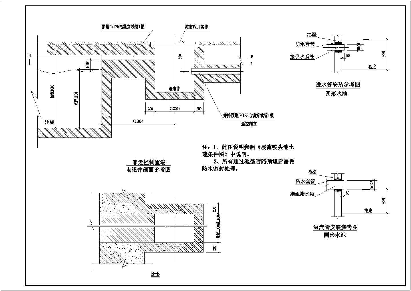 南京某景区音乐喷泉全套施工设计cad图(含施工设计说明)