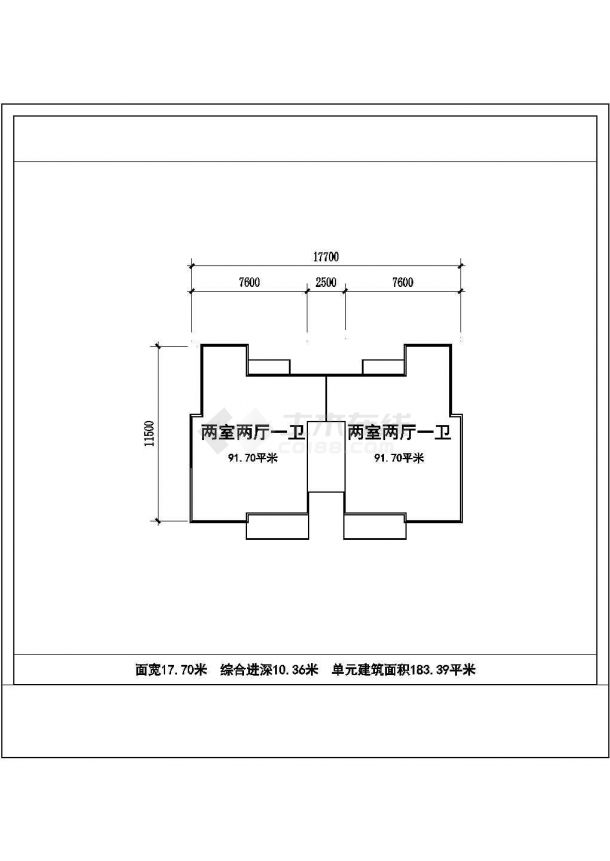衢州某小区住宅楼每户91平米标准层对称户型设计CAD图纸（1梯2户）-图一