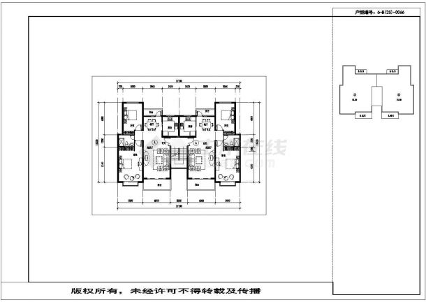 衢州某小区住宅楼每户91平米标准层对称户型设计CAD图纸（1梯2户）-图二