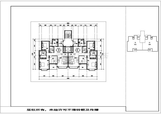 三亚市某小区住宅每户118平米标准层对称户型设计CAD图纸（1梯双户）-图二