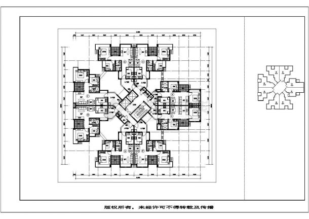 保定市某小区住宅标准层62-73平米户型设计CAD图纸（1梯8户）-图二