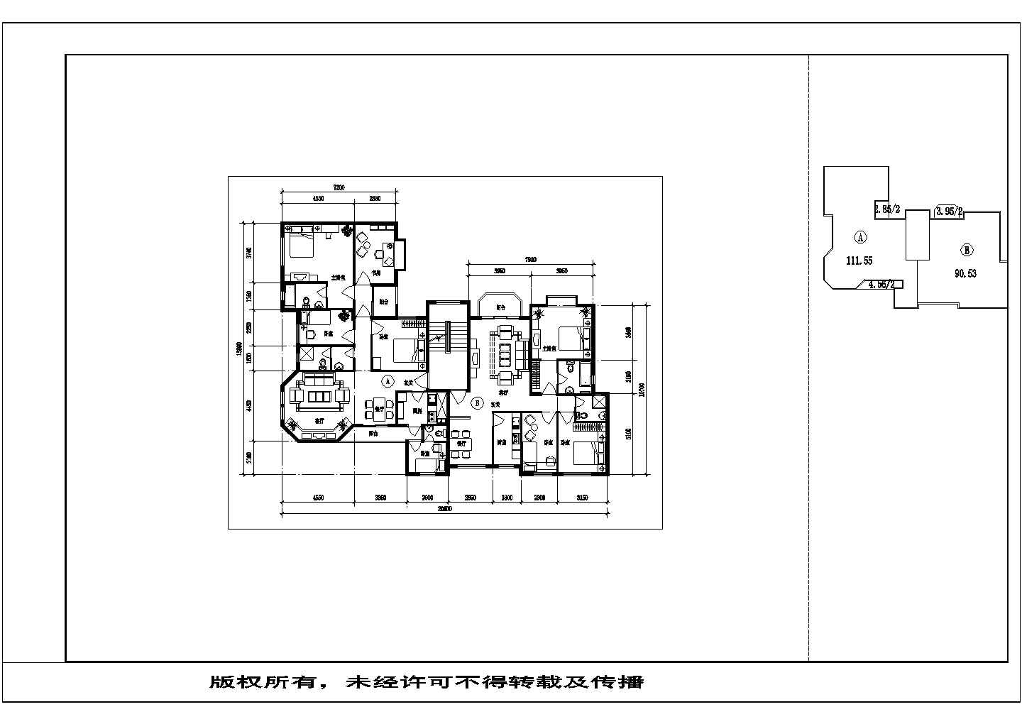 佛山紫竹轩小区100+123平米户型设计CAD图纸（1梯双户）