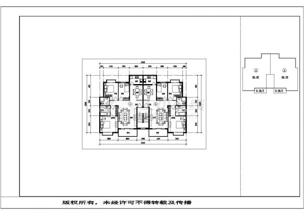 兰州光华小区住宅每户98平对称户型设计CAD图纸（1梯2户）-图一
