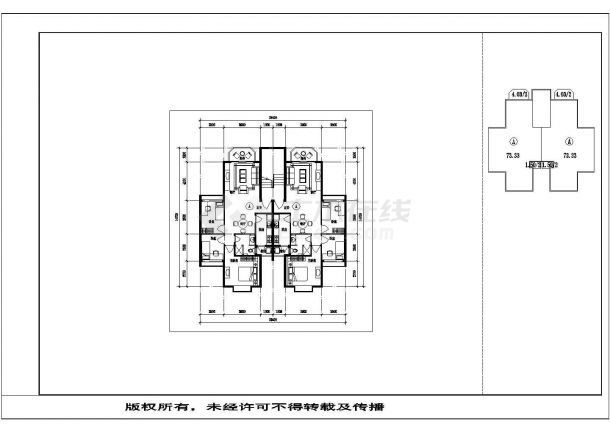 攀枝花市翡翠园小区住宅每户83平对称户型设计CAD图纸（1梯2户）-图二