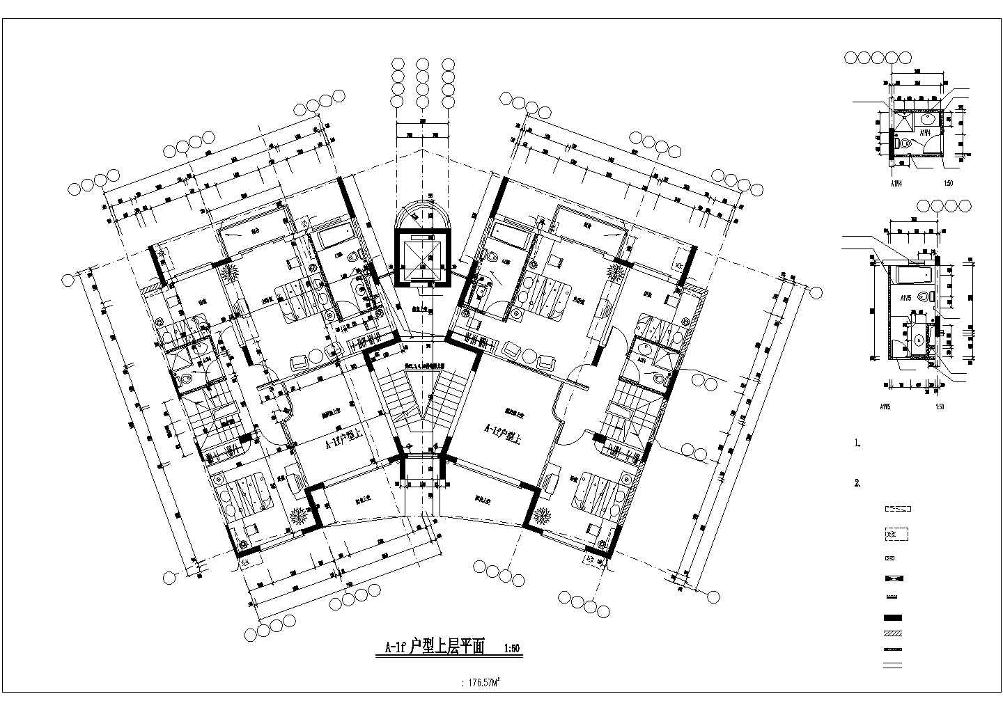 苏州东方御景小区住宅每户88平对称户型设计CAD图纸（1梯2户）
