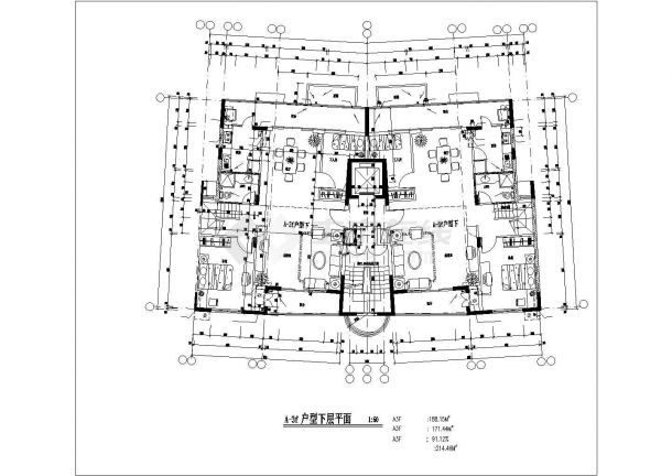 沈阳城市之星小区住宅每户188平对称户型设计CAD图纸（1梯2户）-图一
