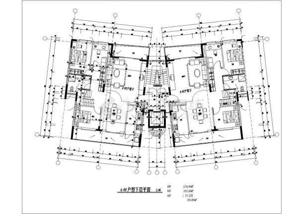 成都芳星园小区住宅每户216平对称复式户型设计CAD图纸（1梯2户）-图一