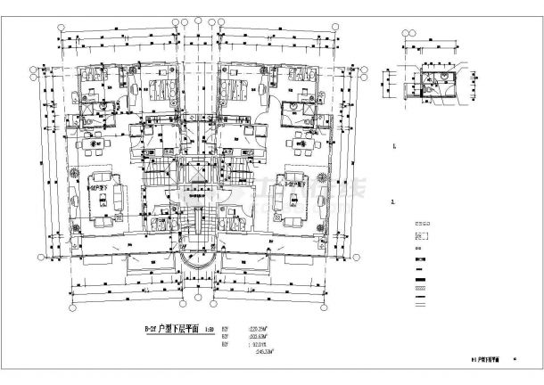 天津方宝苑小区住宅每户220平对称复式户型设计CAD图纸（1梯2户）-图一