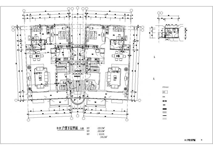 天津方宝苑小区住宅每户220平对称复式户型设计CAD图纸（1梯2户）_图1