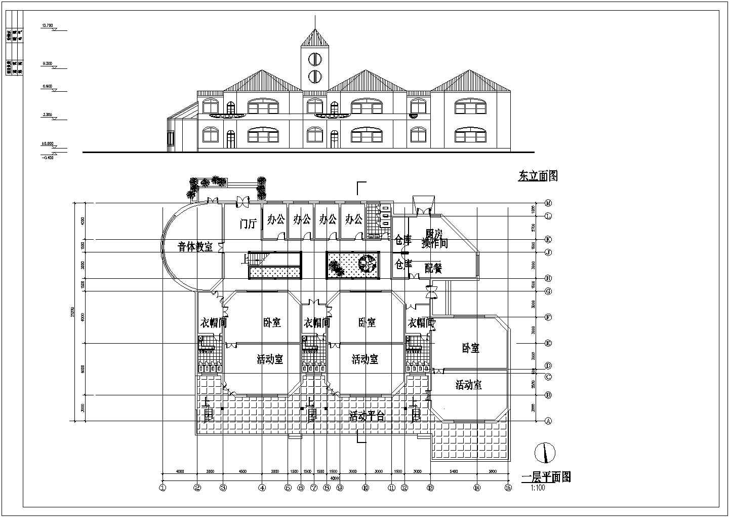 某二层框架结构欧式风格幼儿园设计cad建筑方案图（标注详细）