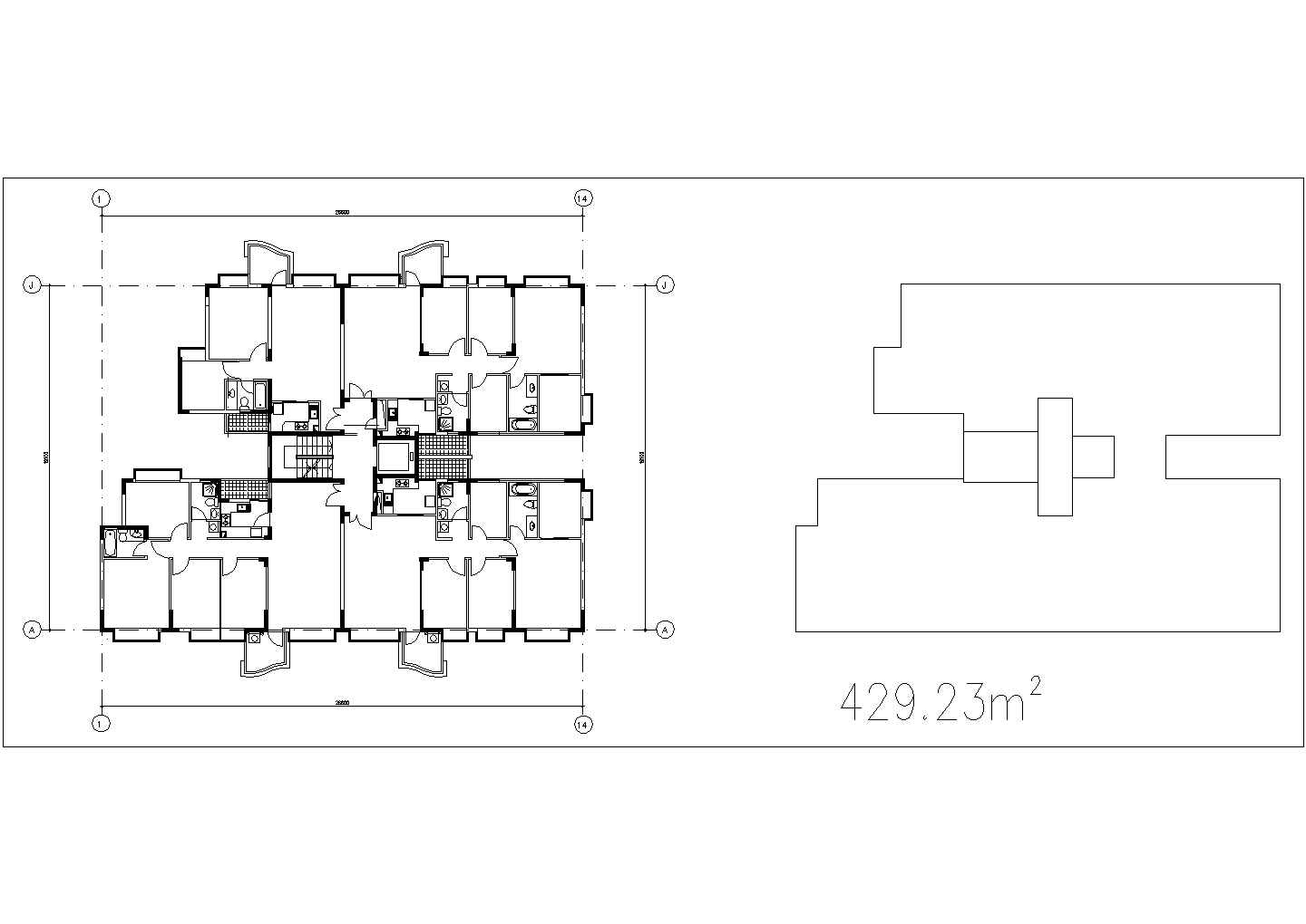 长春新城花园小区住宅总429平米标准层户型设计CAD图纸（1梯2户）