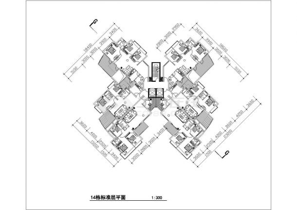 厦门金海湾小区住宅688平标准层对称户型设计CAD图纸（1梯4户）-图二