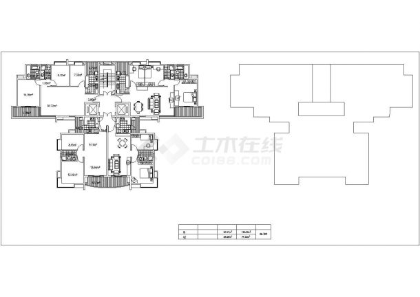乌鲁木齐某小区105+74平米标准层对称户型设计CAD图纸（1梯4户）-图一