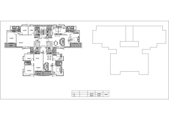 乌鲁木齐某小区105+74平米标准层对称户型设计CAD图纸（1梯4户）_图1
