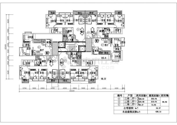 成都某新建小区住宅楼1梯6户标准层户型设计CAD图纸（三套方案）-图一