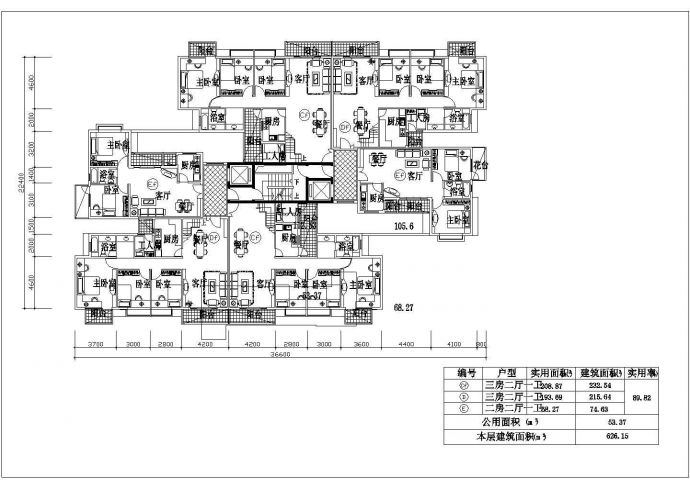 成都某新建小区住宅楼1梯6户标准层户型设计CAD图纸（三套方案）_图1
