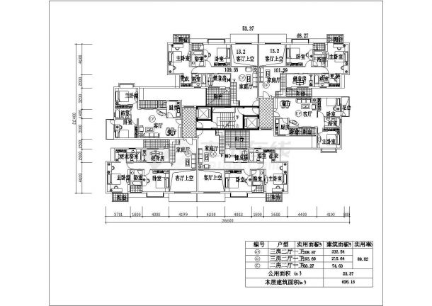 成都某新建小区住宅楼1梯6户标准层户型设计CAD图纸（三套方案）-图二