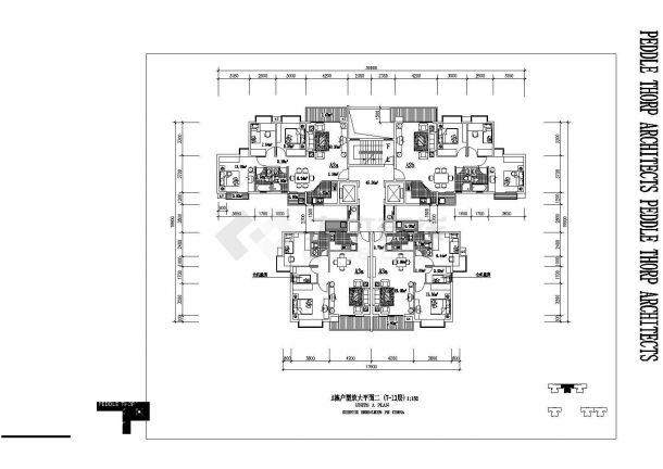 攀枝花市某新建小区住宅楼标准层1梯4户对称户型设计CAD图纸-图一