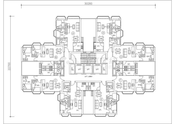 西安倚山嘉园小区住宅楼标准层对称户型设计CAD图纸（1梯8户）-图一