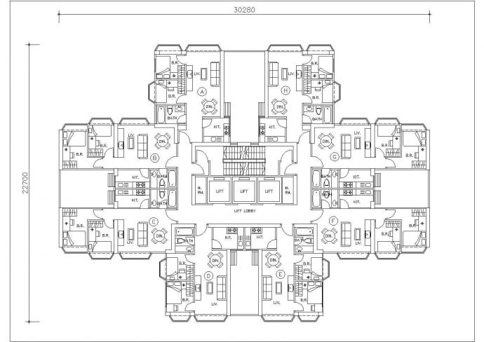 西安倚山嘉园小区住宅楼标准层对称户型设计CAD图纸（1梯8户）_图1