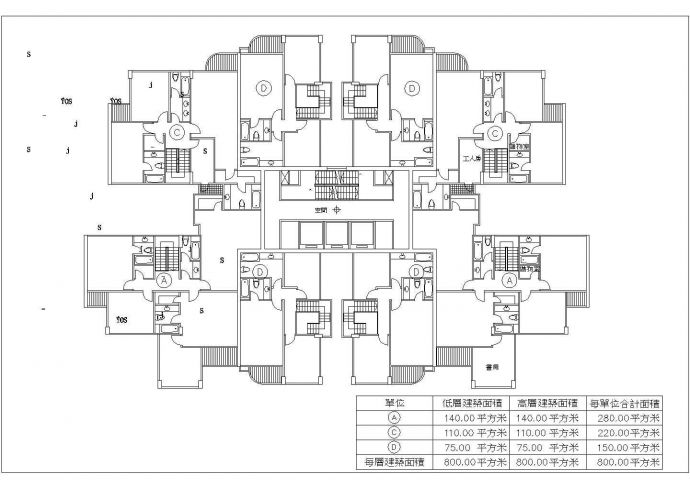 衢州金鸽园小区住宅800平标准层对称户型设计CAD图纸（1梯8户）_图1