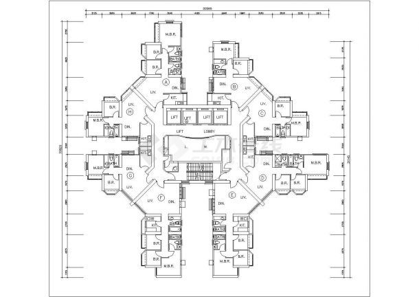 伊春市某家属院住宅楼平面户型设计CAD图纸（1梯8户/非对称）-图一