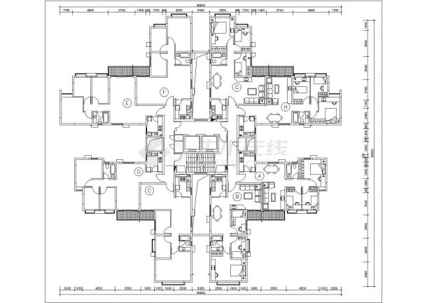 双辽市某拆迁安置小区住宅楼平面户型设计CAD图纸（单梯8户）-图一
