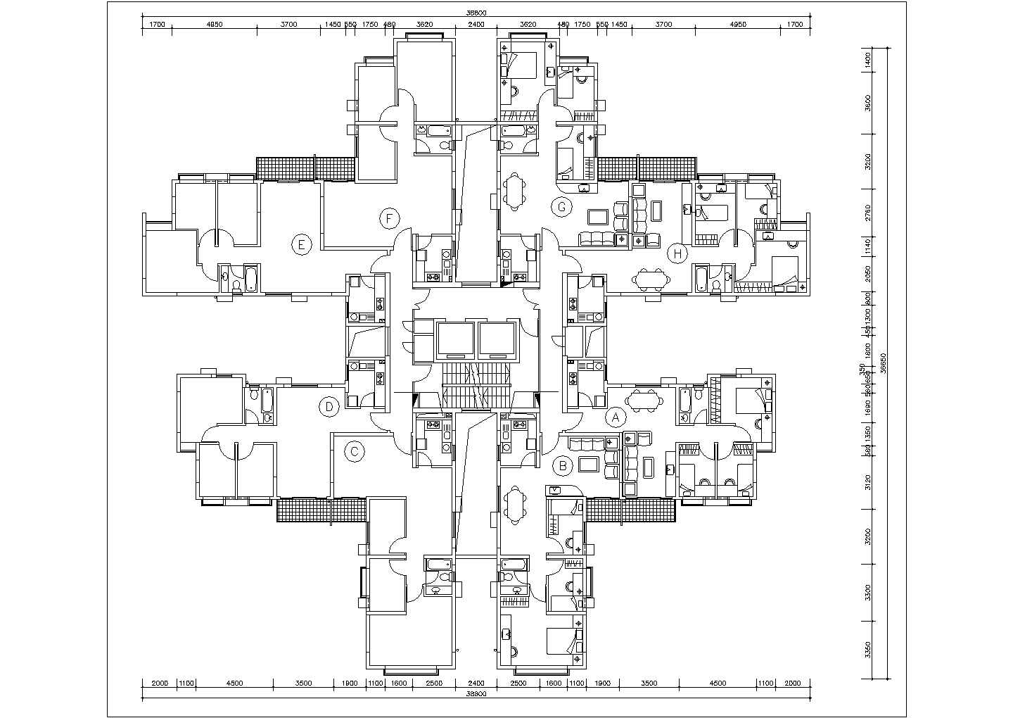 双辽市某拆迁安置小区住宅楼平面户型设计CAD图纸（单梯8户）