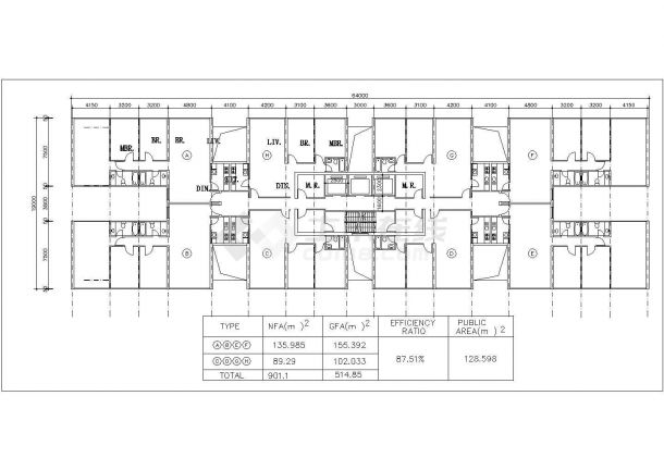 新疆阿克苏市某住宅102x4+155x4平米平面户型设计CAD图纸（1梯8户）-图一