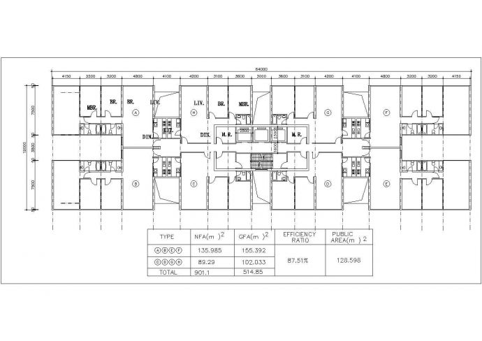 新疆阿克苏市某住宅102x4+155x4平米平面户型设计CAD图纸（1梯8户）_图1