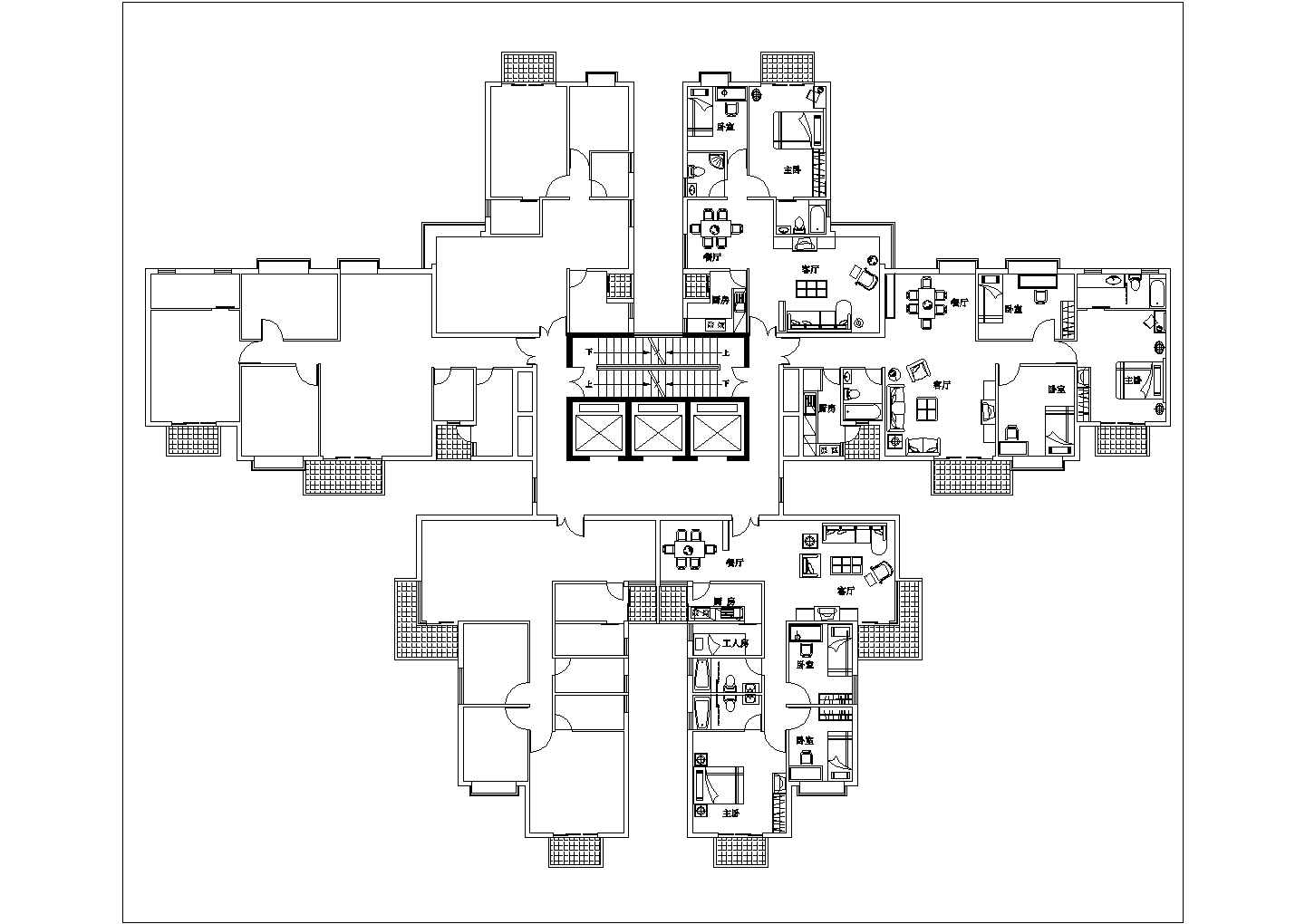廊坊市某小区十字形住宅楼平面户型设计CAD图纸（一梯六户）