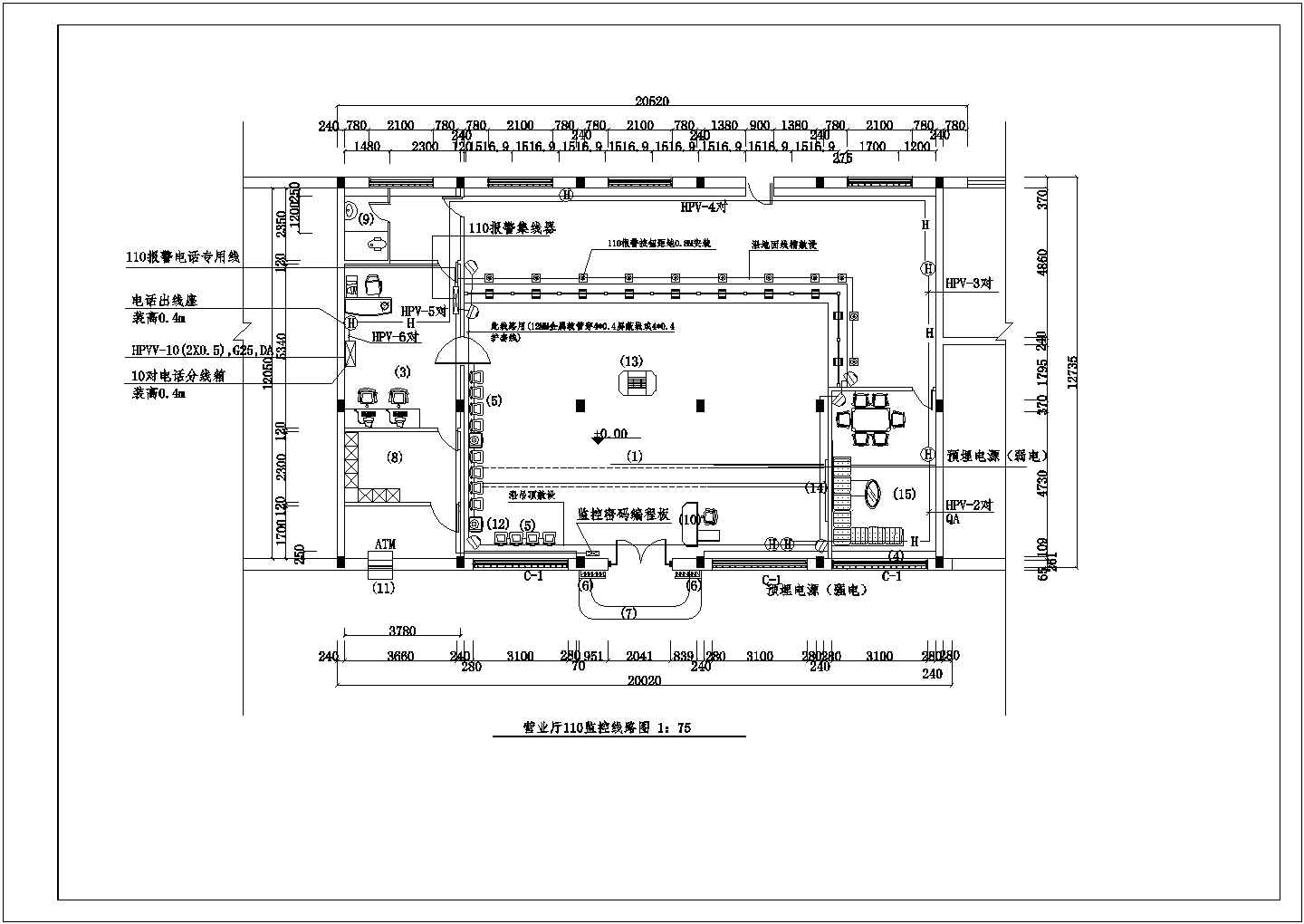 某银行营业厅监控线路图CAD完整平面设计图纸