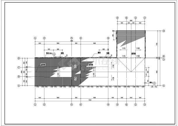 某地生产车间（1672㎡）建筑设计方案图（含做法表）cad图纸-图一