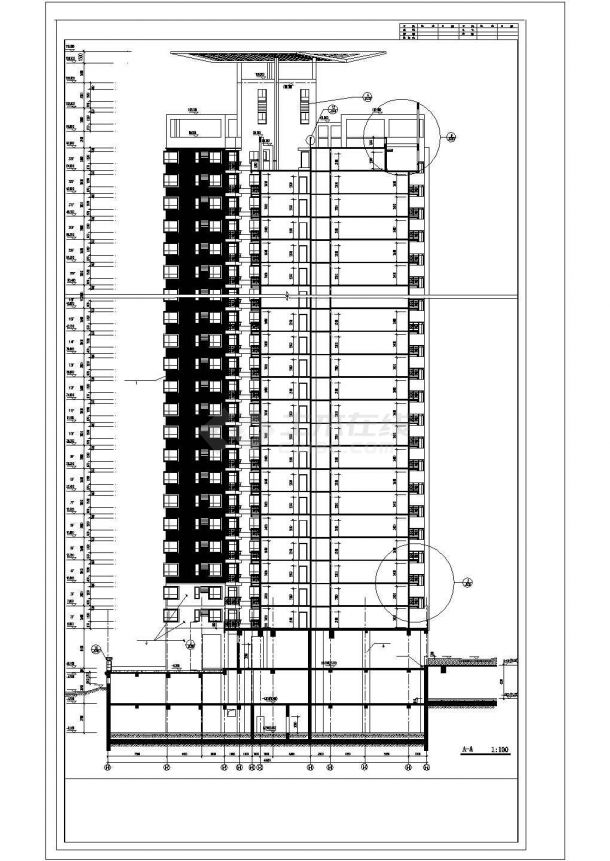 扬州某31层剪力墙结构住宅楼立剖面设计CAD图纸（含车库层和机房层）-图一