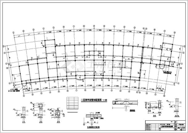5层框架弧形办公楼结构设计施工图（ 长65米 宽16.8米）-图一
