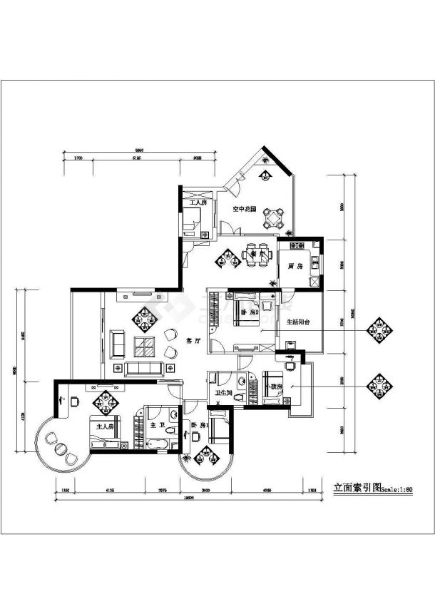 常州市金诗花园小区4房2厅户型全套装修装饰设计CAD图纸-图一