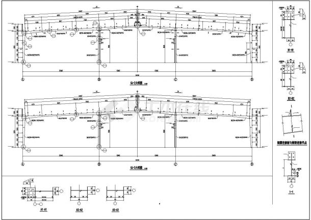 厂房设计_5351.3平米单层全钢结构多跨带吊车厂房cad结施图-图二