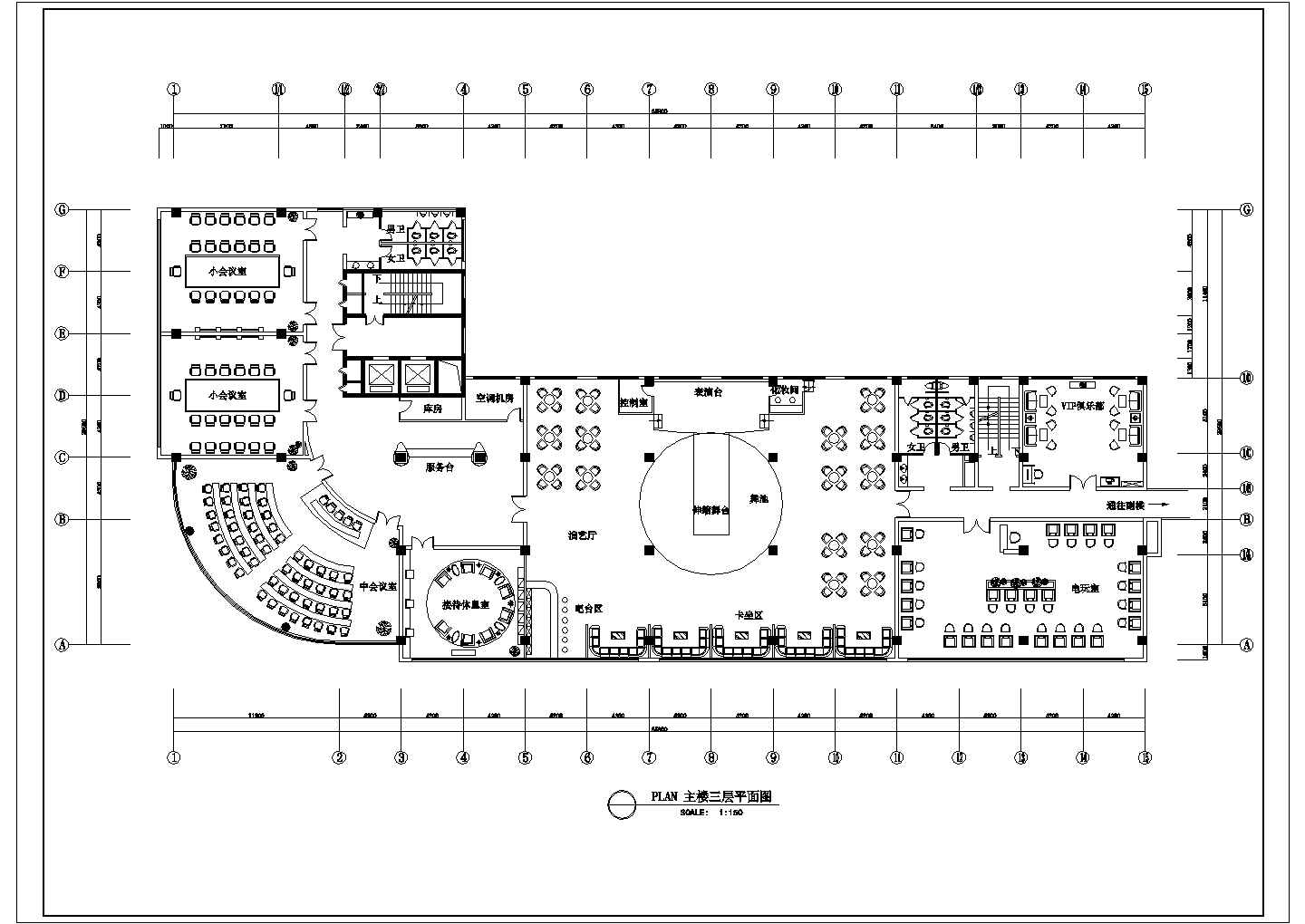 某焦作大厦酒店主楼三层CAD全套构造设计平面图