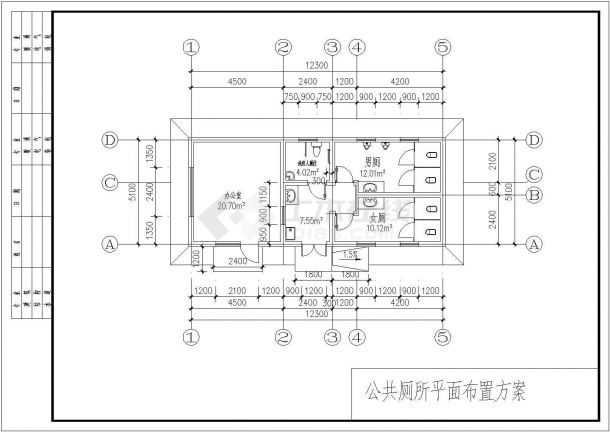 1层62.73平米小型公厕施工设计图纸（平面布置图 二个立面（20.7平米为办公室））-图二