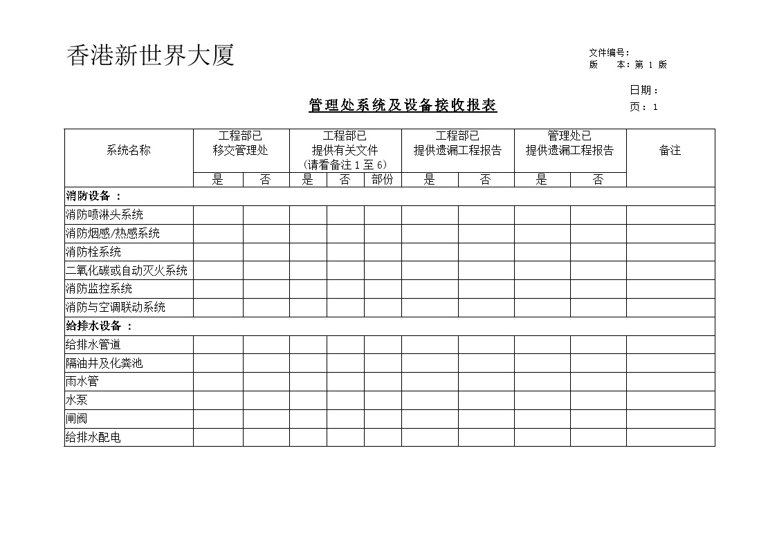 管理处系统及设备接收报表-房地产资料.doc