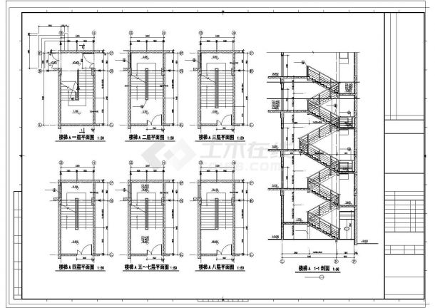 宽3.3米 3层 8层 9层楼梯设计cad施工图-图二