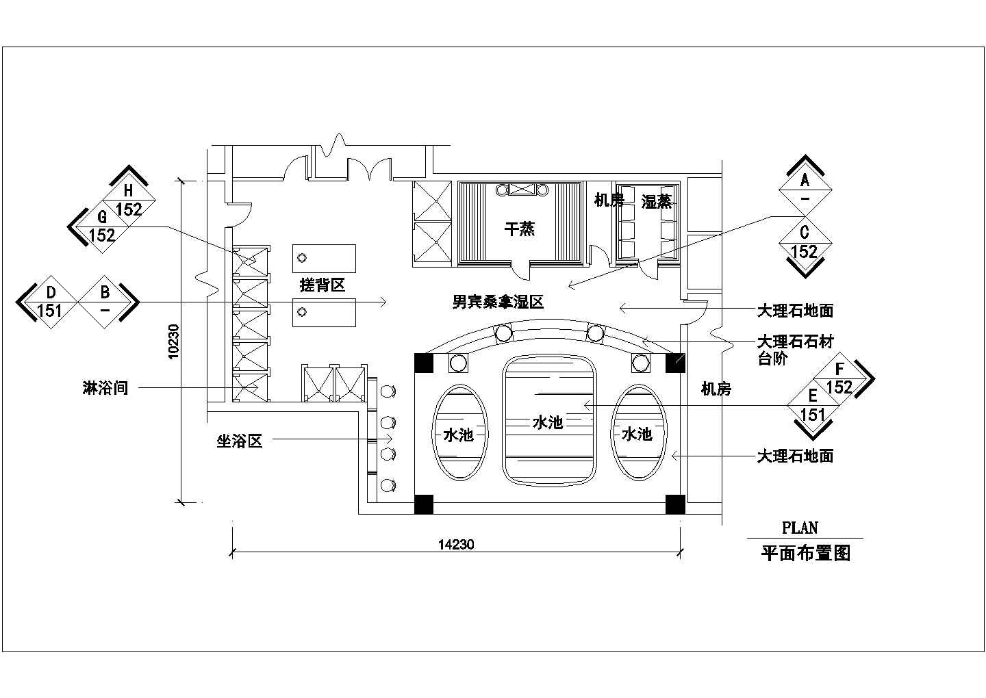 某男宾桑拿湿区装修设计cad全套施工图