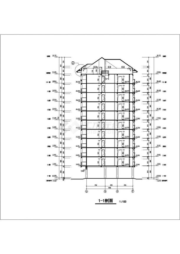 11层框架结构商住楼建筑设计CAD图纸（含阁楼和机房层/1-4层商用）-图二