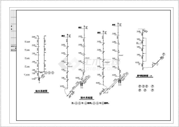 某地长34.7米 宽14米 -1+6层住宅楼给排水设计CAD图-图一