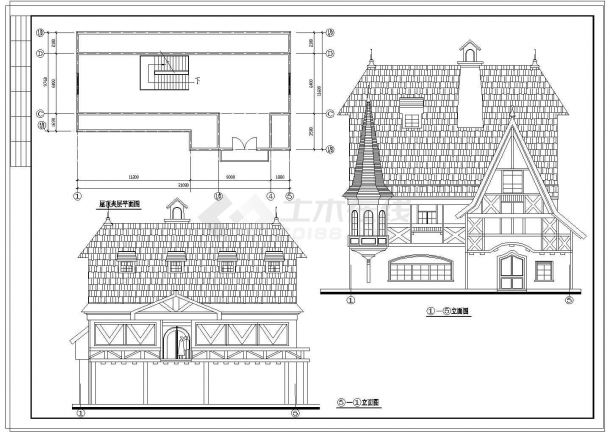 法兰西风格小镇别墅建筑施工图规划图带效果图-图二