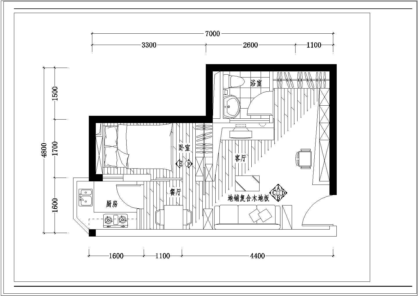 某一室一厅花园房装饰cad施工图