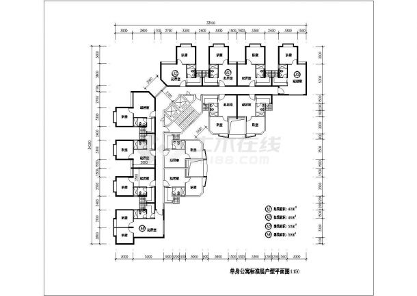 某1楼2电梯12户单身公寓标准层户型CAD设计施工平面图-图一