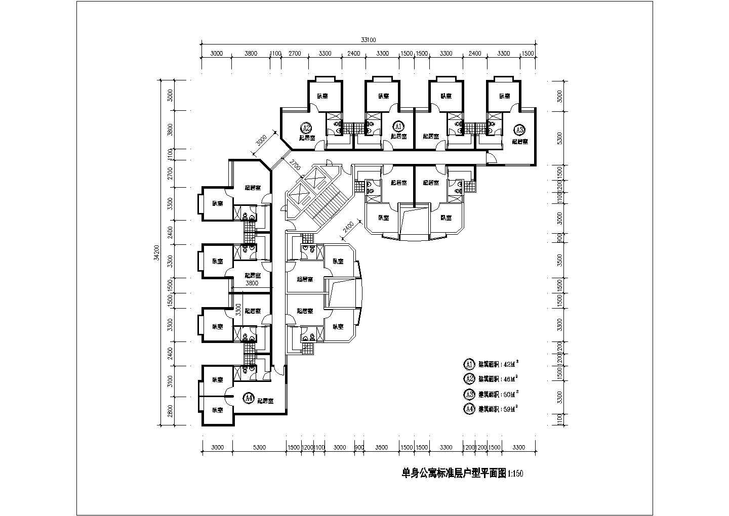 某1楼2电梯12户单身公寓标准层户型CAD设计施工平面图